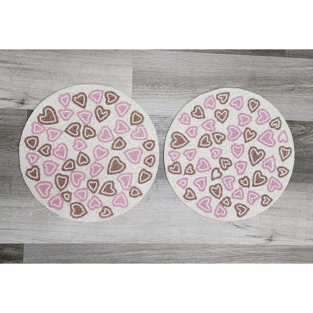 Valentines Day‎ Pink & Gold Hearts Beaded Placemat Charger Placemats 2 Pc 15"